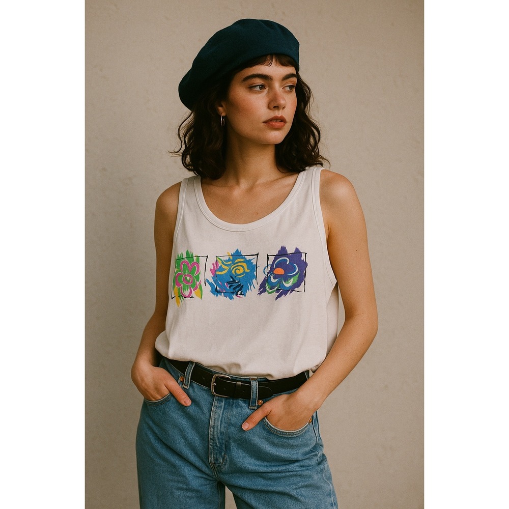 Vintage 90's Kathy Ireland Tank Top L/XL Floral White Colorful Abstract USA Made